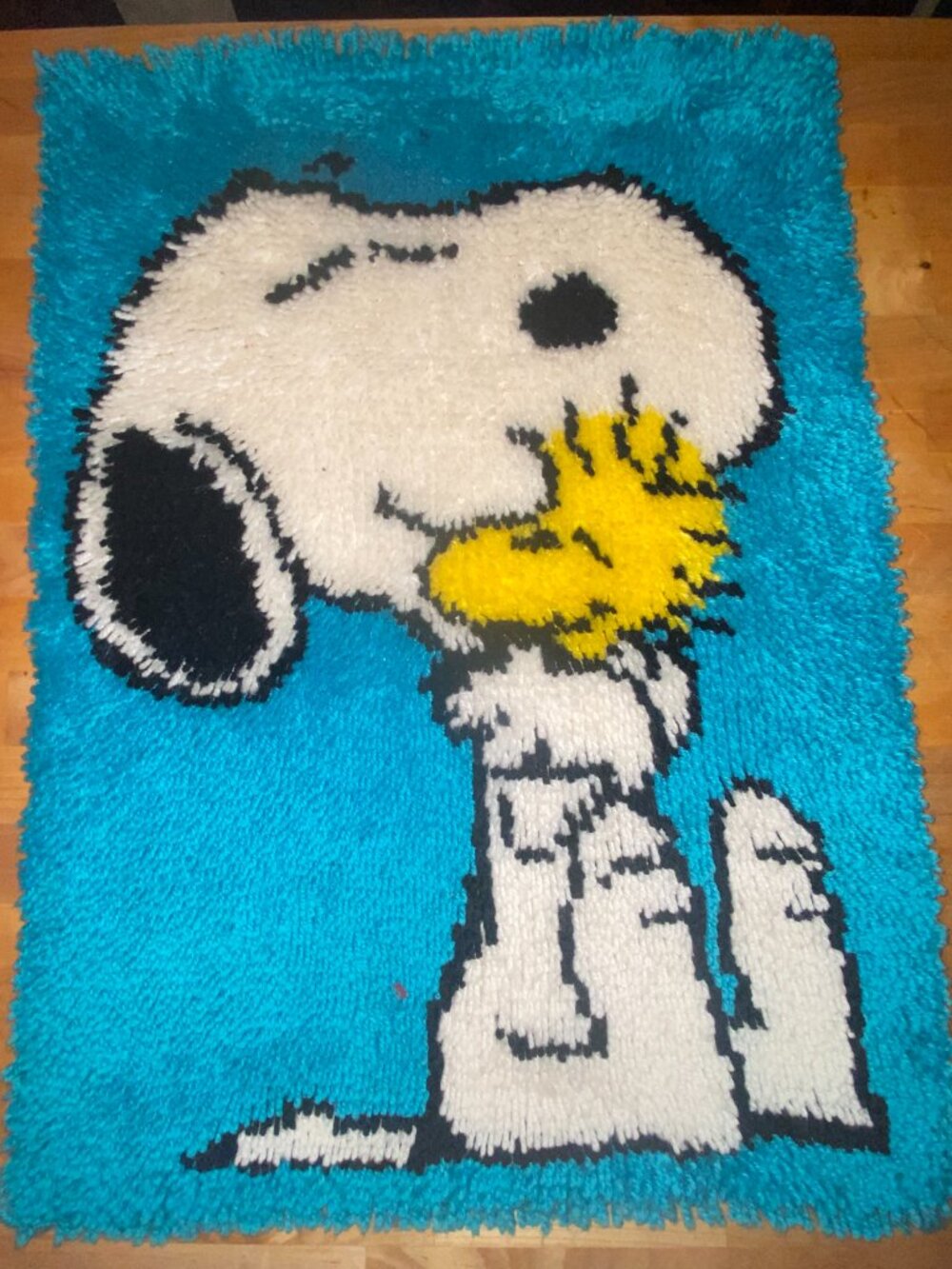 Vintage 70s Peanuts Snoopy Hugging Woodstock Latch Hook Rug, Finished